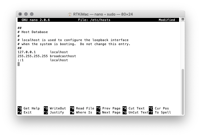 nano text editor, hosts file on Mac