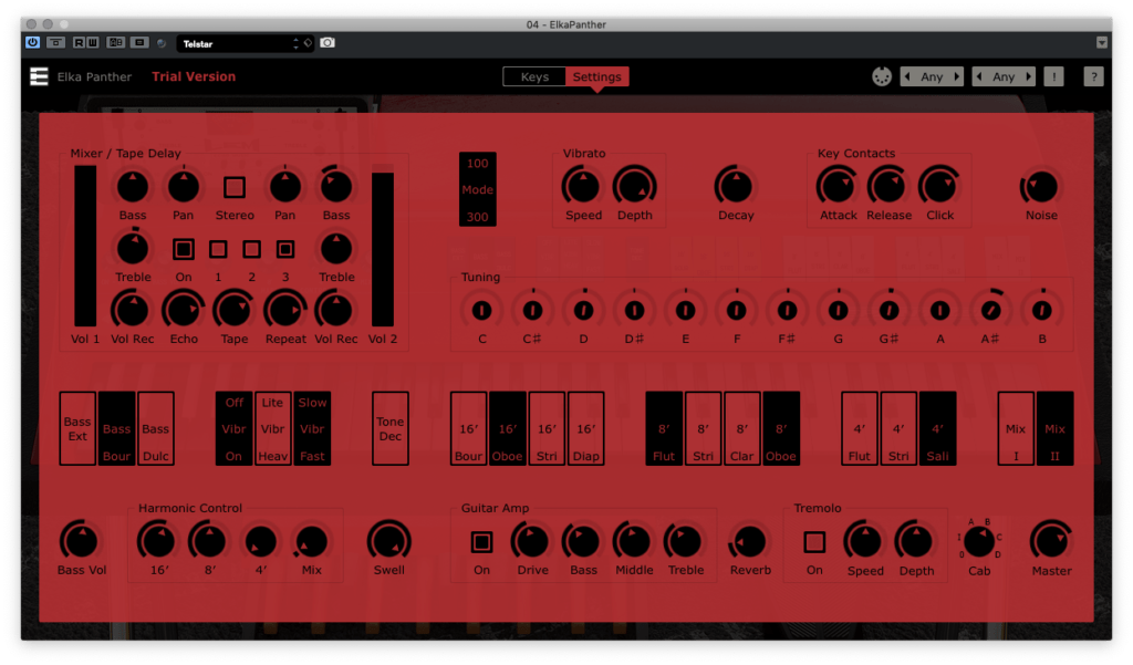 The Elka Panther VST's direct interface allows tuning for the individual tones, and easier access to the effects controls.