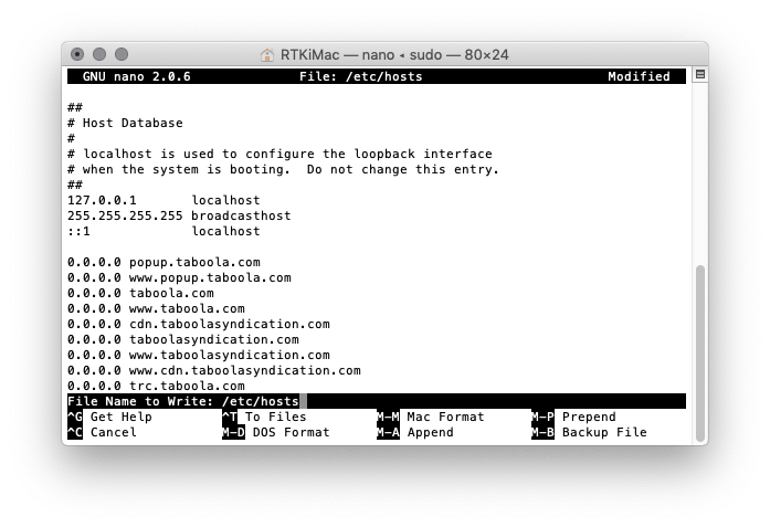 Domains to block added to hosts file