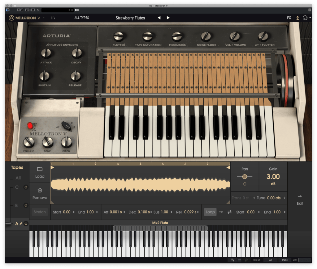 Mellotron V showing sample and loop editor and controls for age and character.