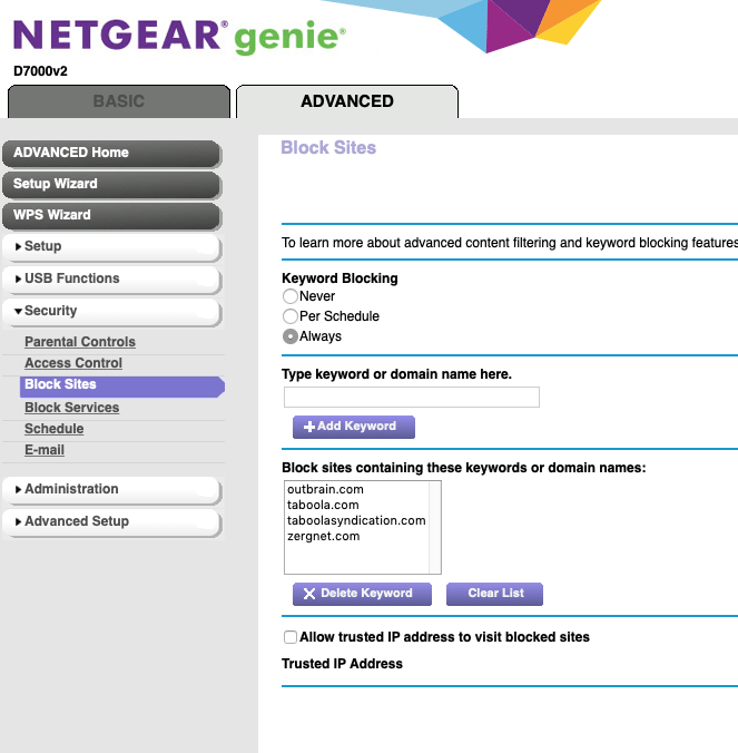 Keyword blocking on a Netgear router