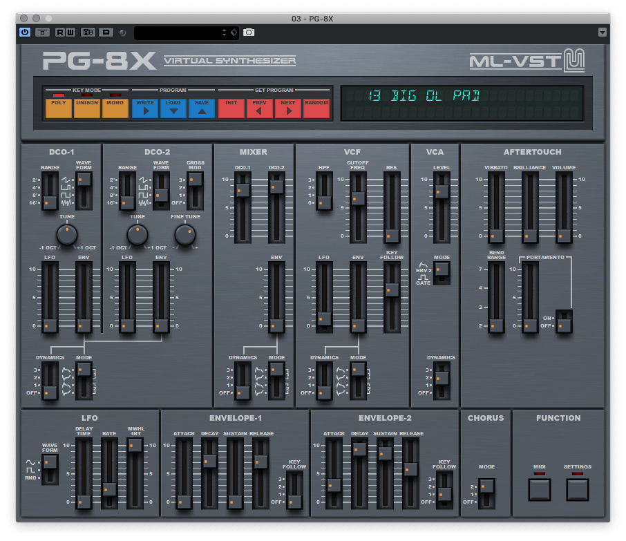 One for fans of 80s digital sounds in their free synths. PG-8X is a virtual JX-8P with 12 voices