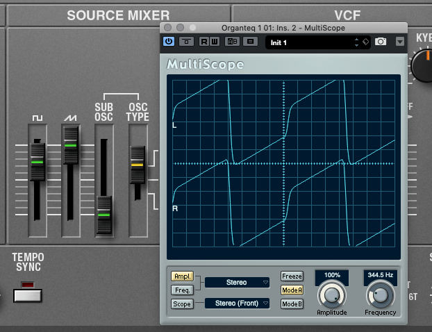 Blending the square wave and ramp wave creates a step in the ramp, altering the tone.