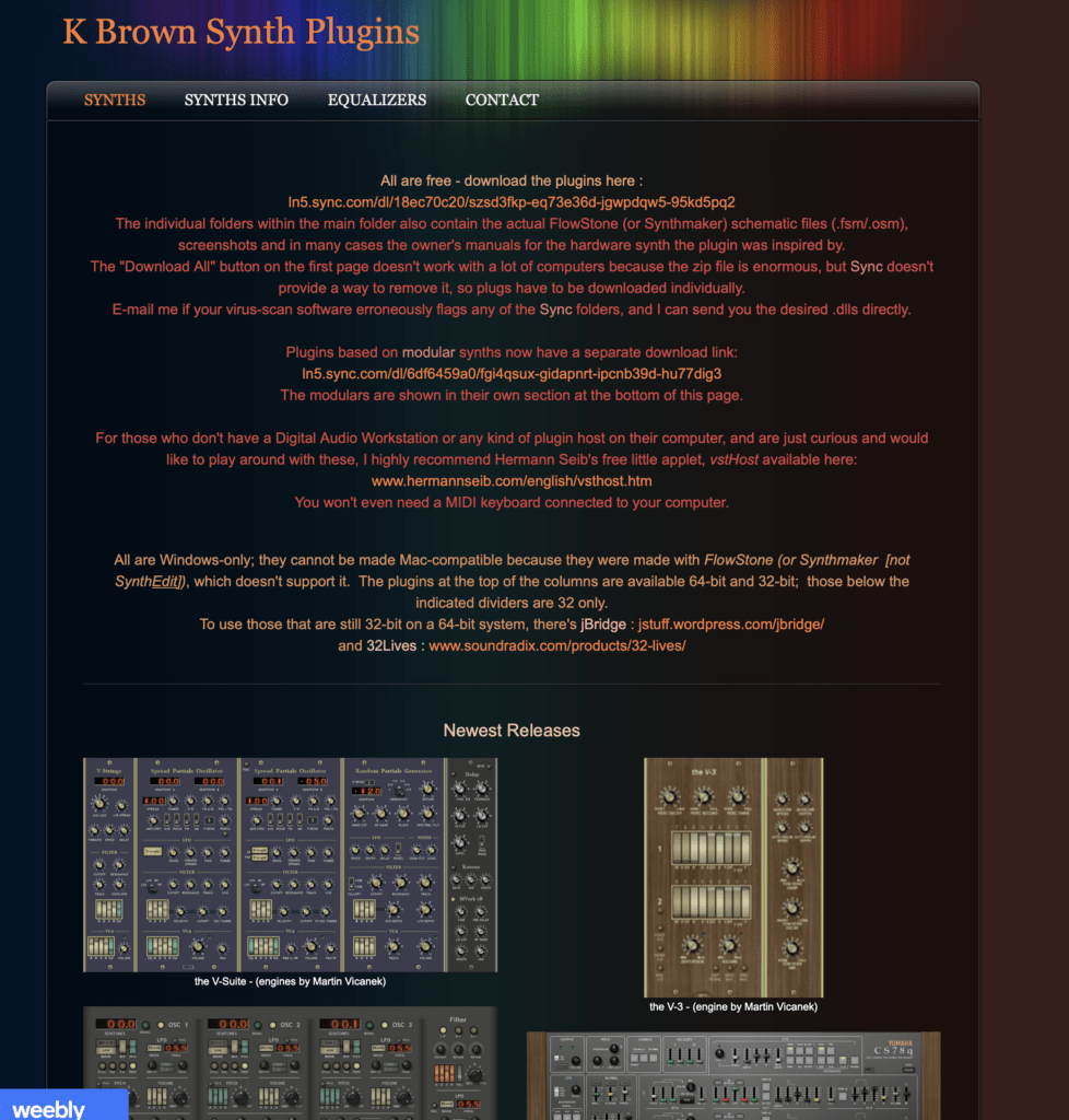 Internet archive screenshot of the K Brown synth plug-ins page. It's now a recipe for something with avocado...