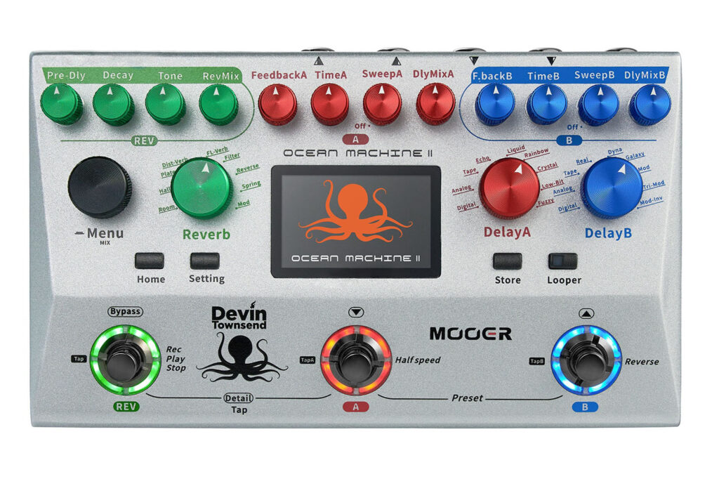 The Mooer Ocean Machine II features a new colour scheme and different colours for each effect unit. It's a little easier to read than the original blue and white theme