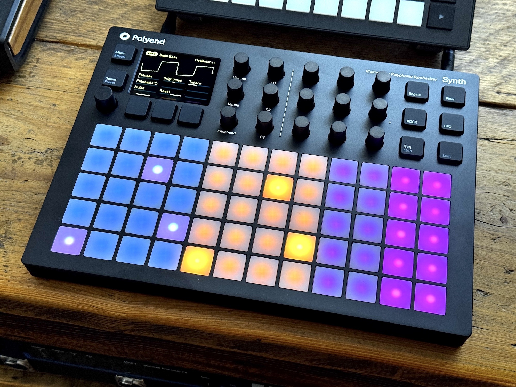 The Polyend Synth is a little wider than a Novation Circuit, but thinner and with more space for playing and control despite the LCD screen.