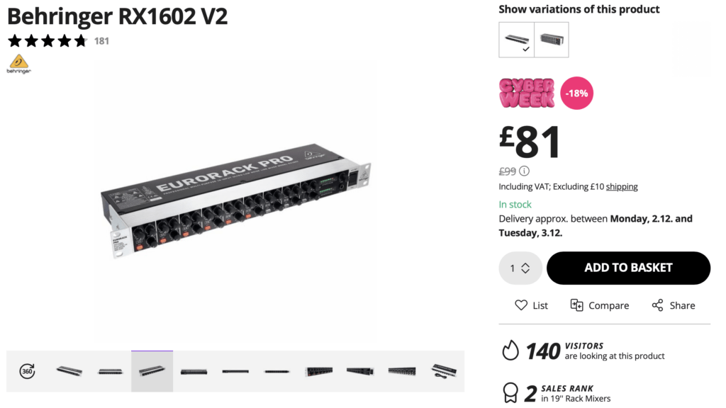 The Behringer RX1602 V2 line mixer is £81 for Black Friday week from Thomann